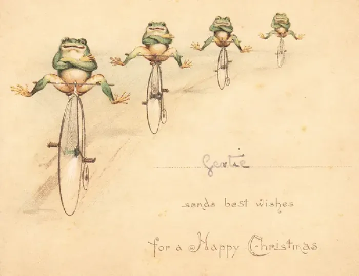 Framed Print : Four frogs on bicycles on a Christmas card Framed Print : Four frogs on bicycles on a Christmas card