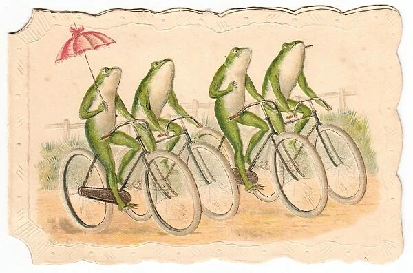 Four frogs on bicycles on a Christmas card