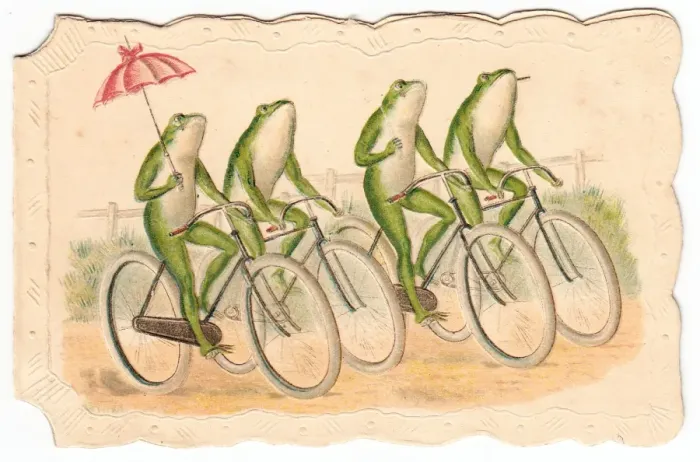 Framed Print : Four frogs on bicycles on a Christmas card Framed Print : Four frogs on bicycles on a Christmas card