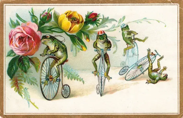 Framed Print : Four frogs on bicycles with flowers on a greetings card Framed Print : Four frogs on bicycles with flowers on a greetings card