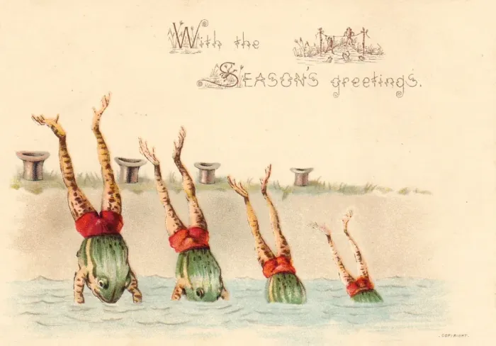Framed Print : Four frogs diving on a Christmas card Framed Print : Four frogs diving on a Christmas card