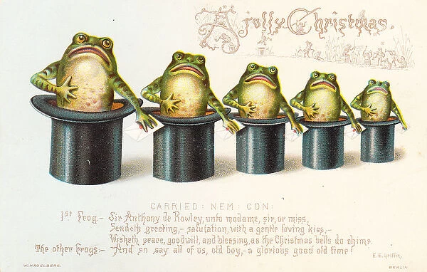 Five frogs in top hats on a Christmas card