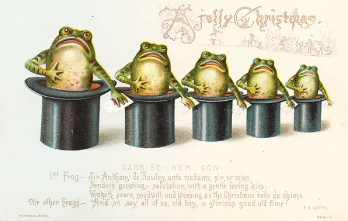 Framed Print : Five frogs in top hats on a Christmas card Framed Print : Five frogs in top hats on a Christmas card