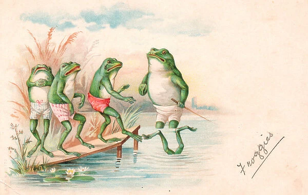 Frogs having a swimming lesson on a greetings postcard