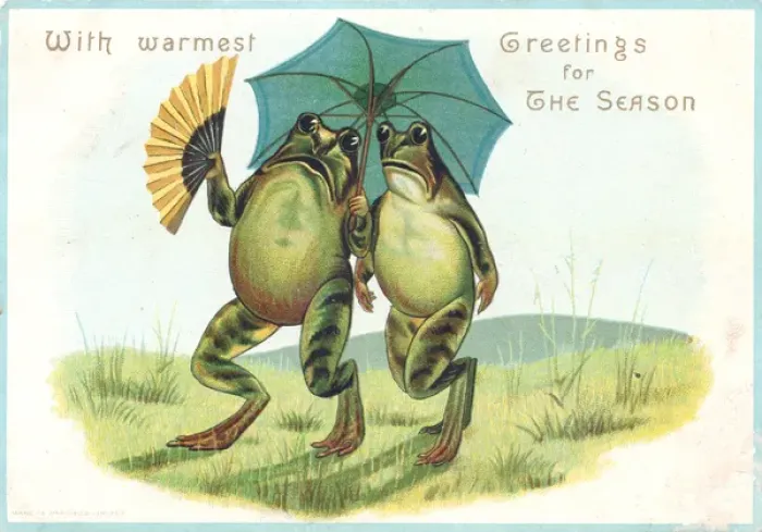 Framed Print : Two frogs with parasol on a Christmas card Framed Print : Two frogs with parasol on a Christmas card