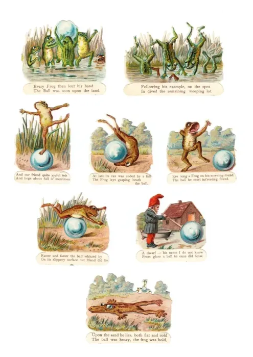 Framed Print : Frogs playing with a ball on eight Victorian scraps Framed Print : Frogs playing with a ball on eight Victorian scraps