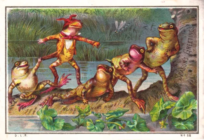Framed Print : Frogs playing blind mans buff on a Christmas card Framed Print : Frogs playing blind mans buff on a Christmas card