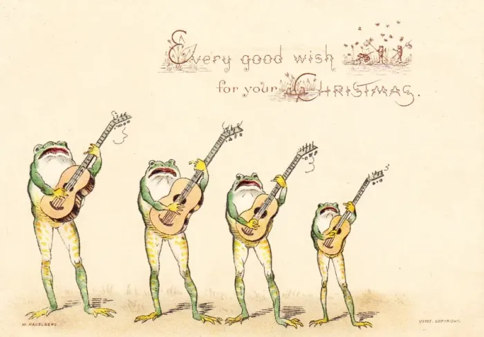Framed Print : Four frogs playing guitars on a Christmas card Framed Print : Four frogs playing guitars on a Christmas card