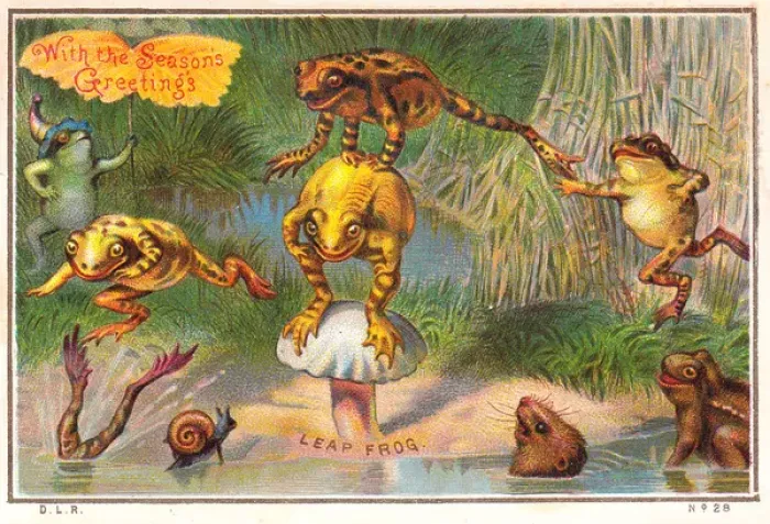 Framed Print : Frogs playing leapfrog on a Christmas card Framed Print : Frogs playing leapfrog on a Christmas card