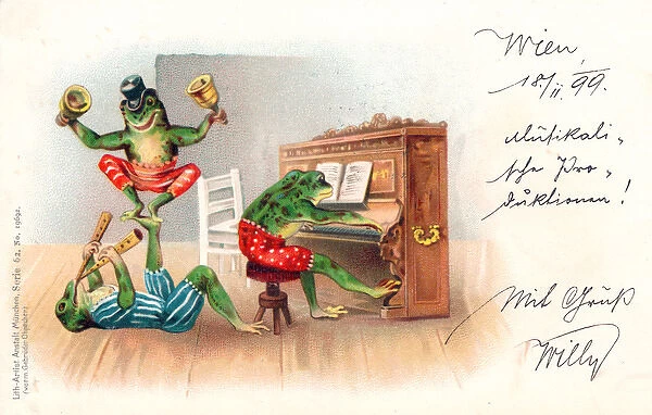 Three frogs playing music on a German postcard
