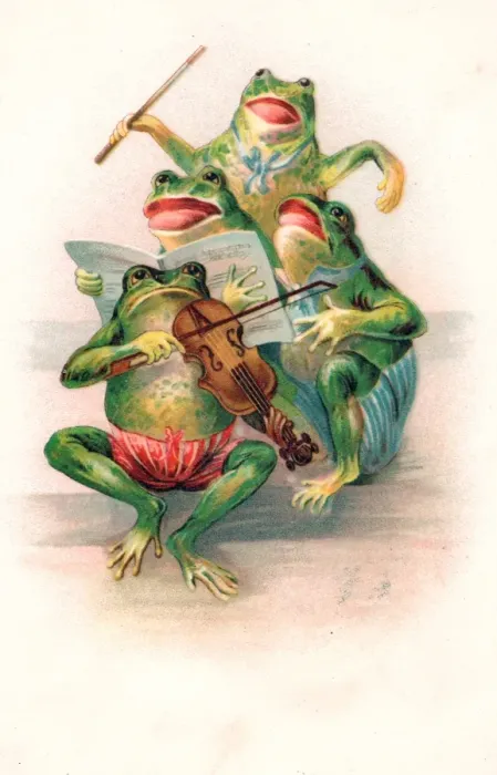Framed Print : Four frogs playing and singing on a greetings postcard Framed Print : Four frogs playing and singing on a greetings postcard
