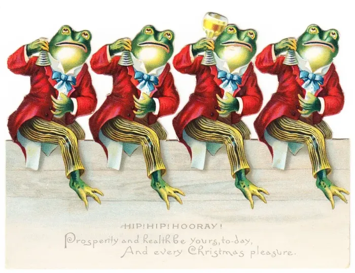 Framed Print : Four frogs in red tailcoats on a cutout Christmas card Framed Print : Four frogs in red tailcoats on a cutout Christmas card