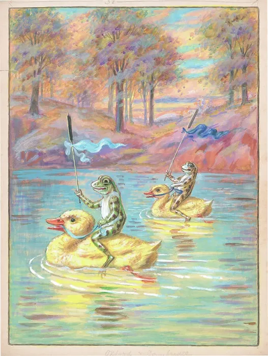 Framed Print : Frogs riding yellow ducks Children's Postcard