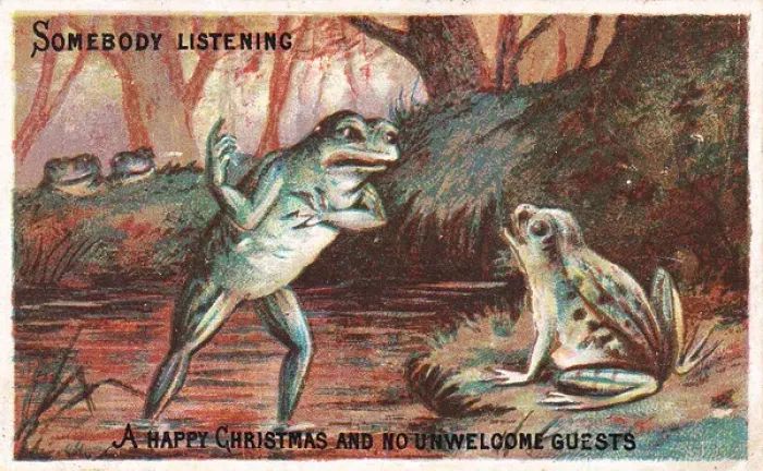 Framed Print : Frogs on a riverbank on a Christmas card Framed Print : Frogs on a riverbank on a Christmas card