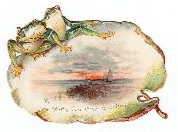 Two frogs with seascape on a cutout Christmas card