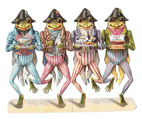 Four frogs in stripy costumes on a cutout Christmas card