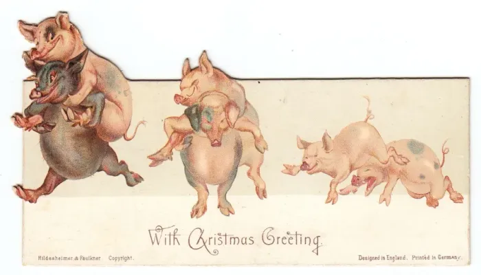 Framed Print : Six frolicking pigs on a Christmas card Framed Print : Six frolicking pigs on a Christmas card