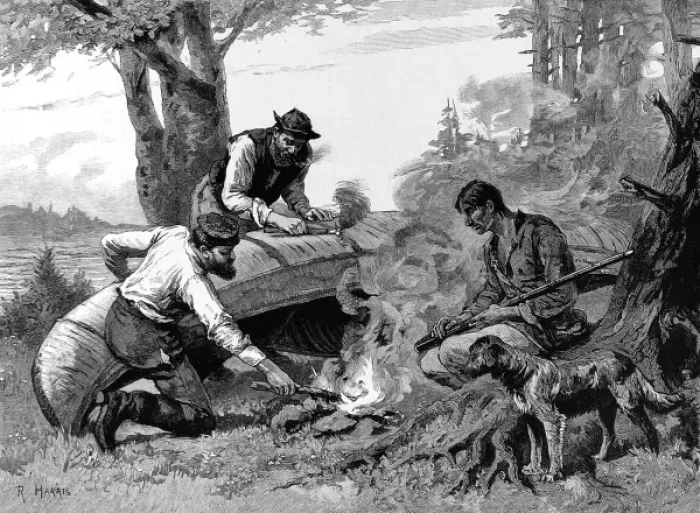 Framed Print : Three Frontiersmen Mending their Canoe, Canada, 1883 Framed Print : Three Frontiersmen Mending their Canoe, Canada, 1883