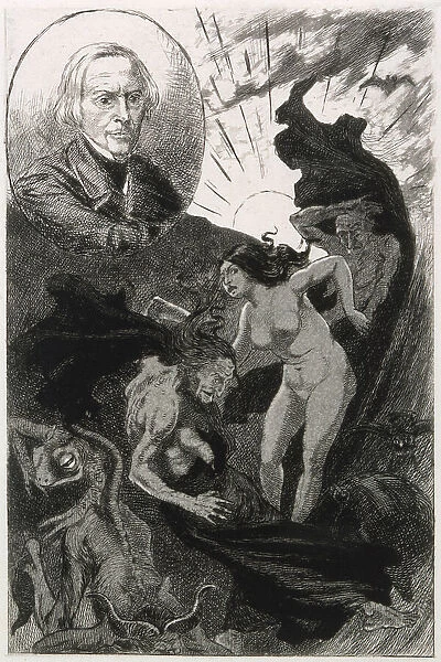 Frontispiece to Michelet's LA SORCIERE [1911 edition] with portrait of the author and a depiction of sensational goings-on, matching his somewhat extravagant text Date: 1911