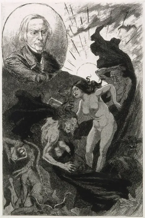 Framed Print : Frontispiece to Michelet's LA SORCIERE [1911 edition] with portrait of the author and a depiction of sensational goings-on, matching his somewhat extravagant text Date: 1911