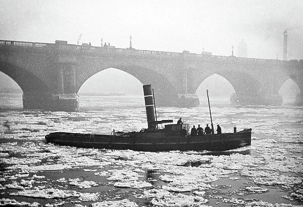 Frozen River Thames and Waterloo Bridge, London
