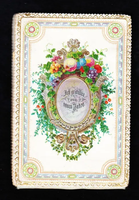 Framed Print : Fruit and foliage on a German New Year card Framed Print : Fruit and foliage on a German New Year card