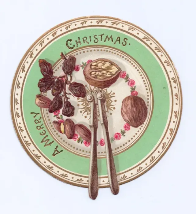 Framed Print : Fruit and nuts on a plate on a cutout Christmas card Framed Print : Fruit and nuts on a plate on a cutout Christmas card