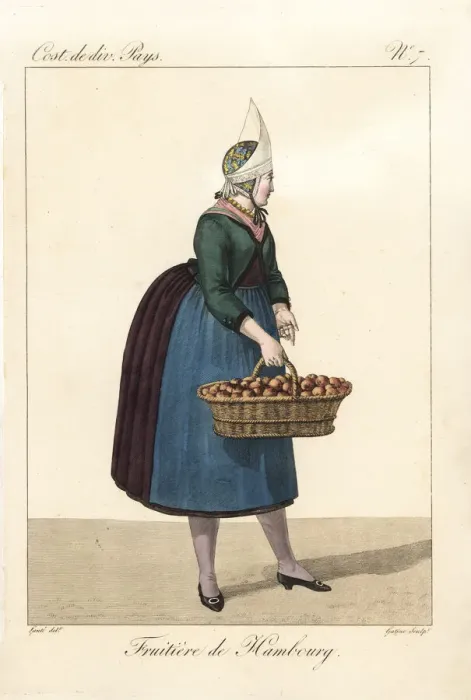 Framed Print : Fruit seller of Hamburg, Germany, with basket Framed Print : Fruit seller of Hamburg, Germany, with basket