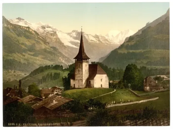Framed Print : Frutigen, church and Alps, Bernese Oberland, Switzerland Framed Print : Frutigen, church and Alps, Bernese Oberland, Switzerland