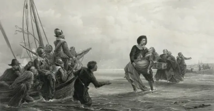 Framed Print : Fugitives for conscience sake leaving the flemish coast for Framed Print : Fugitives for conscience sake leaving the flemish coast for
