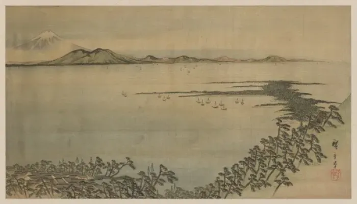 Framed Print : Fukeiga. Painting shows a bird s-eye view of bay Framed Print : Fukeiga. Painting shows a bird s-eye view of bay