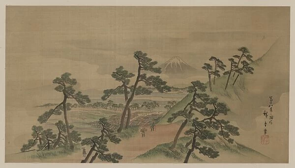 Fukeiga. Painting shows travelers passing through a grove of pine trees on Tokaido Road