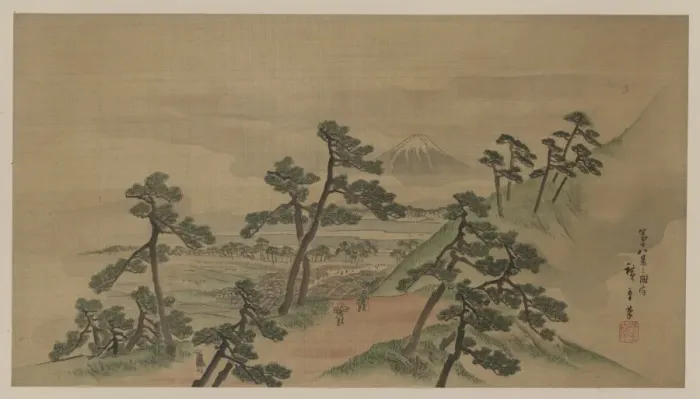 Framed Print : Fukeiga. Painting shows travelers passing through a grove of pine trees on Tokaido Road Framed Print : Fukeiga. Painting shows travelers passing through a grove of pine trees on Tokaido Road