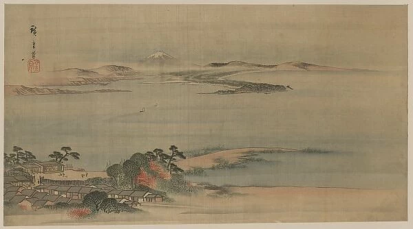 Fukeiga. Painting shows a bird s-eye view of the coastline at Arai on the
