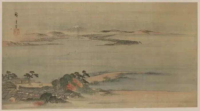 Framed Print : Fukeiga. Painting shows a bird s-eye view of the coastline at Arai on the Framed Print : Fukeiga. Painting shows a bird s-eye view of the coastline at Arai on the