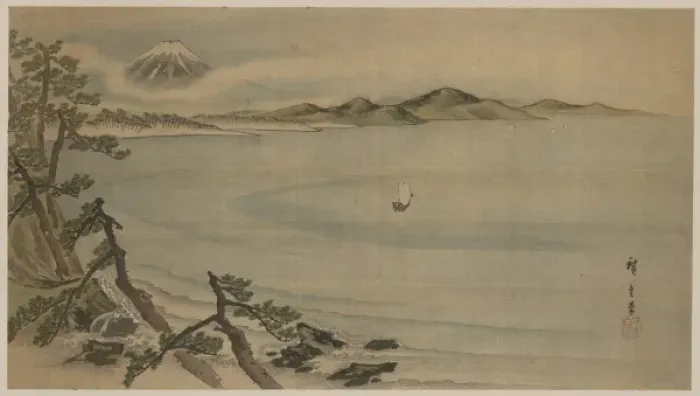 Framed Print : Fukeiga. Painting shows a bird s-eye view of the bay with sailing ship offshore Framed Print : Fukeiga. Painting shows a bird s-eye view of the bay with sailing ship offshore