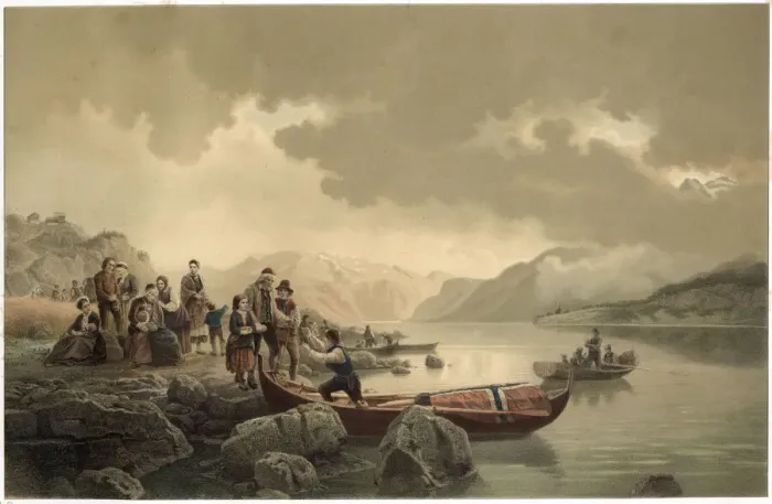 Framed Print : A funeral in the Norwegian fjords Date: circa 1851 Framed Print : A funeral in the Norwegian fjords Date: circa 1851