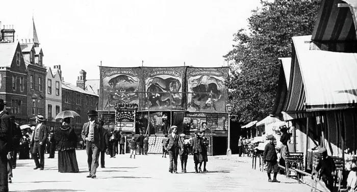 Framed Print : A funfair or circus menagerie, Victorian period Framed Print : A funfair or circus menagerie, Victorian period