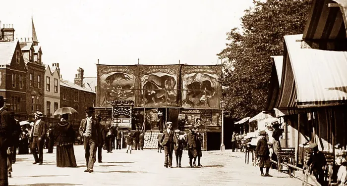 Framed Print : A funfair or circus menagerie, Victorian period Framed Print : A funfair or circus menagerie, Victorian period