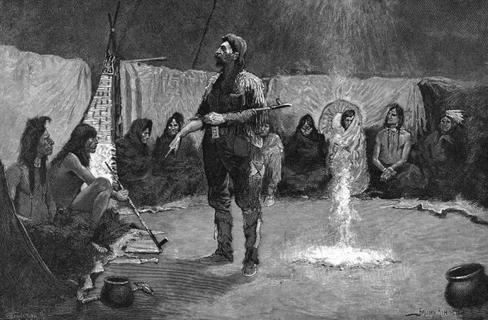 Framed Print : Fur Trader in Tepee / 1892 Framed Print : Fur Trader in Tepee / 1892