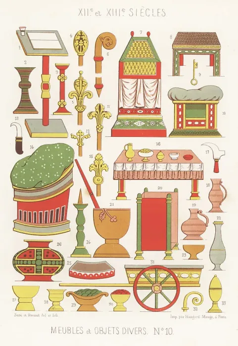 Framed Print : Furniture, tools and other objects, 12th and 13th centuries Framed Print : Furniture, tools and other objects, 12th and 13th centuries