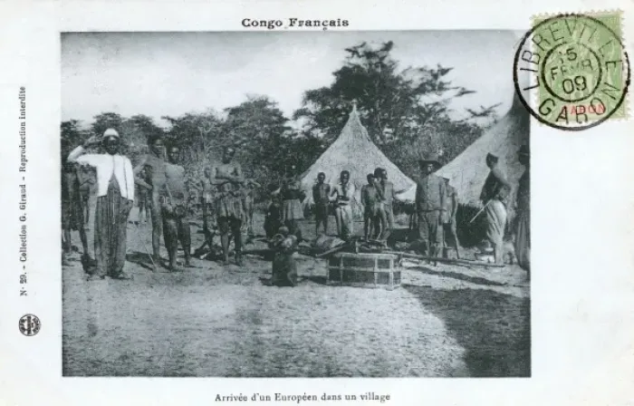 Framed Print : Gabon, Africa - The arrival of a European into the village Framed Print : Gabon, Africa - The arrival of a European into the village
