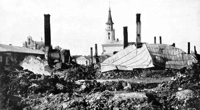 Framed Print : A Galician town shelled by Russian gunners, sparing the churches and public buildings Framed Print : A Galician town shelled by Russian gunners, sparing the churches and public buildings
