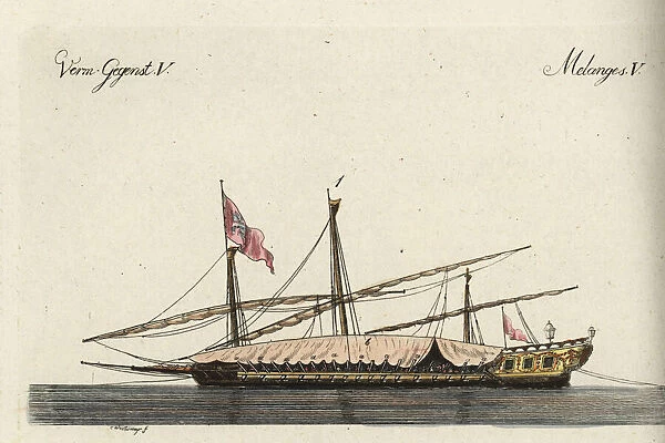 Galley. Handcoloured copperplate engraving after Christiane Henriette Dorothea Westermayr