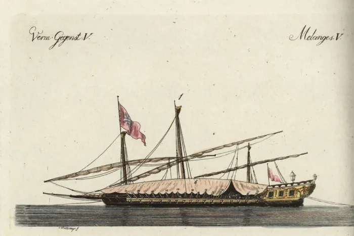 Framed Print : Galley. Handcoloured copperplate engraving after Christiane Henriette Dorothea Westermayr Framed Print : Galley. Handcoloured copperplate engraving after Christiane Henriette Dorothea Westermayr
