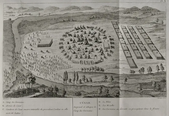 Framed Print : Gallic Wars (58 BC-50 BC). Caesar attacks the Germanic camp Framed Print : Gallic Wars (58 BC-50 BC). Caesar attacks the Germanic camp