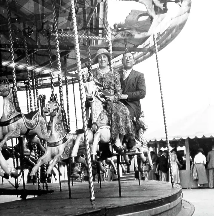 Framed Print : Gallopers ride at a fair, probably 1940s Framed Print : Gallopers ride at a fair, probably 1940s