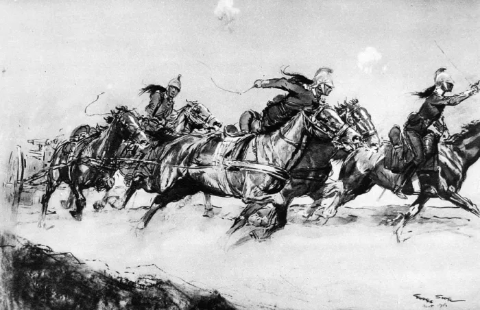 Framed Print : Galloping a machine gun into action: A French Dragoon Mitrailleuse section dashing forward under fire Framed Print : Galloping a machine gun into action: A French Dragoon Mitrailleuse section dashing forward under fire