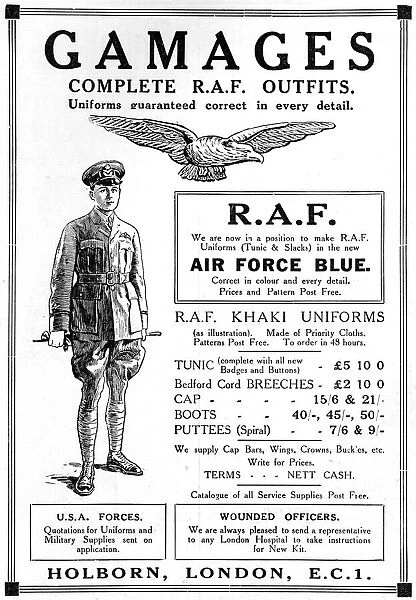 Gamages advertisement, RAF outfits in air force blue