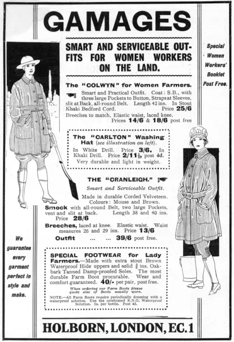 Framed Print : Gamages outfits for women workers on the land, WW1 Framed Print : Gamages outfits for women workers on the land, WW1